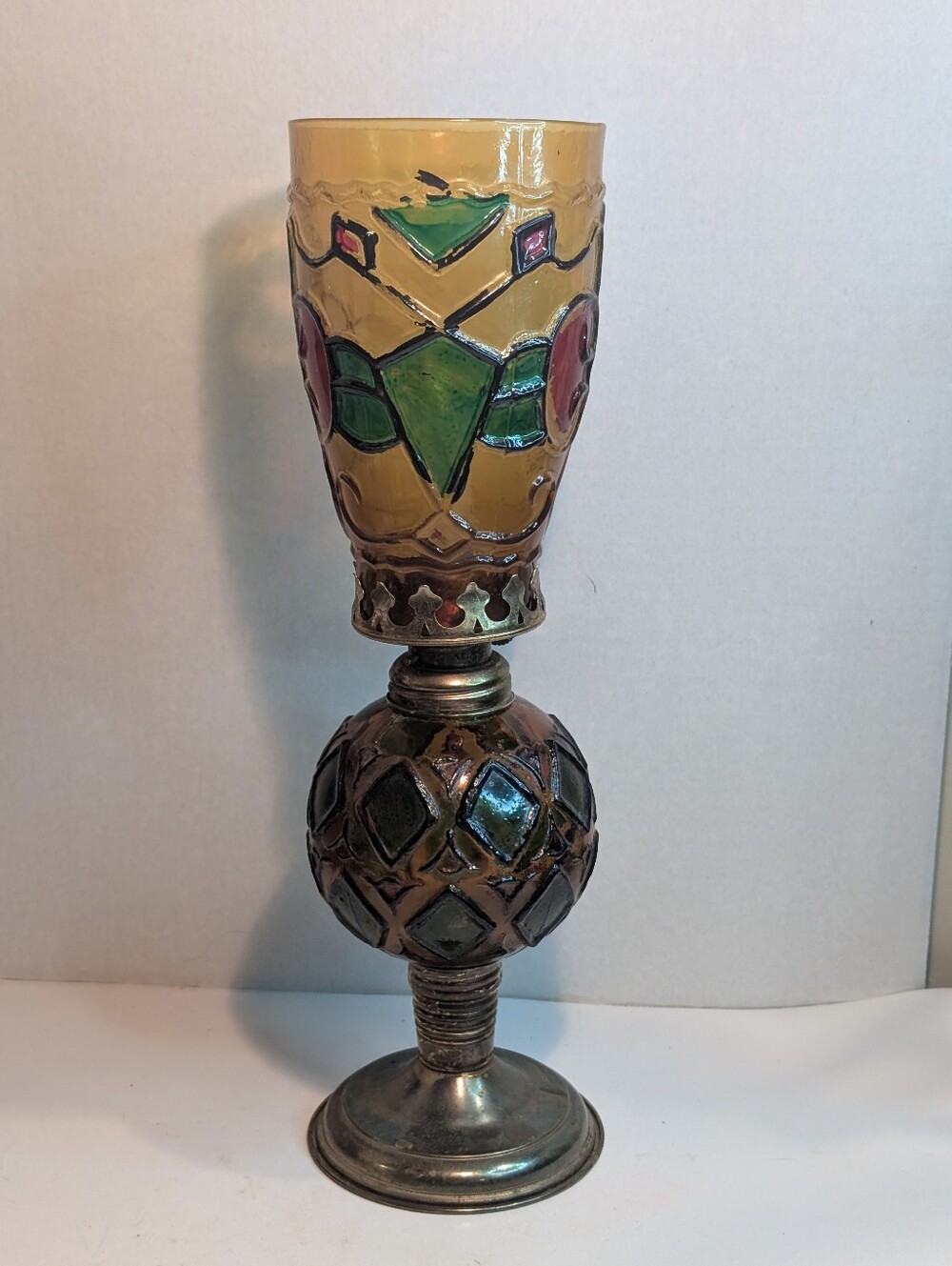 Antique old stained glass kerosene lamp